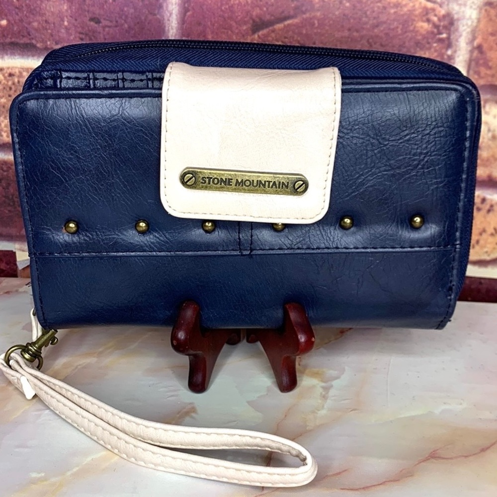 Stone Mountain Navy and White Trifold Studded Leather Wristlet Wallet